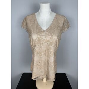 Worthington Stretch Beige Lace Babydoll Shortsleeve Top Cottagecore Coquette Lg